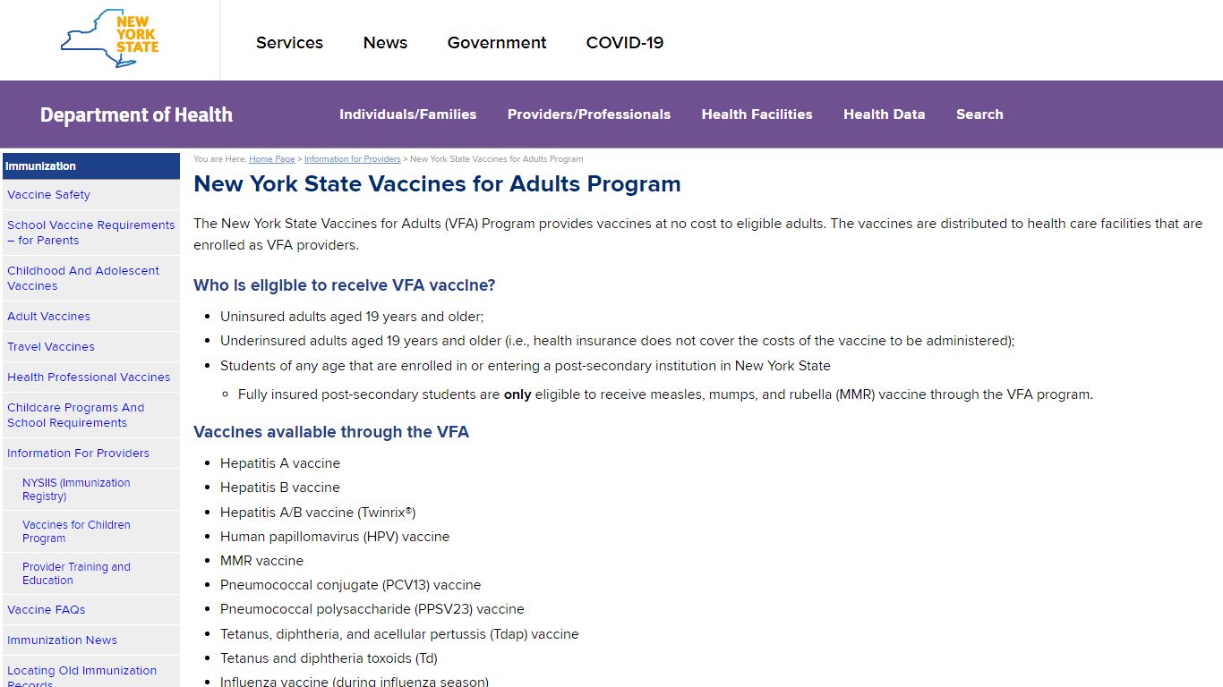 New York State Vaccines for Adults Program